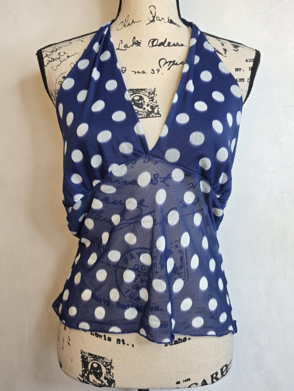 See You Monday Navy & White Polka Dot Halter Neck Tank Top Sz Xl
